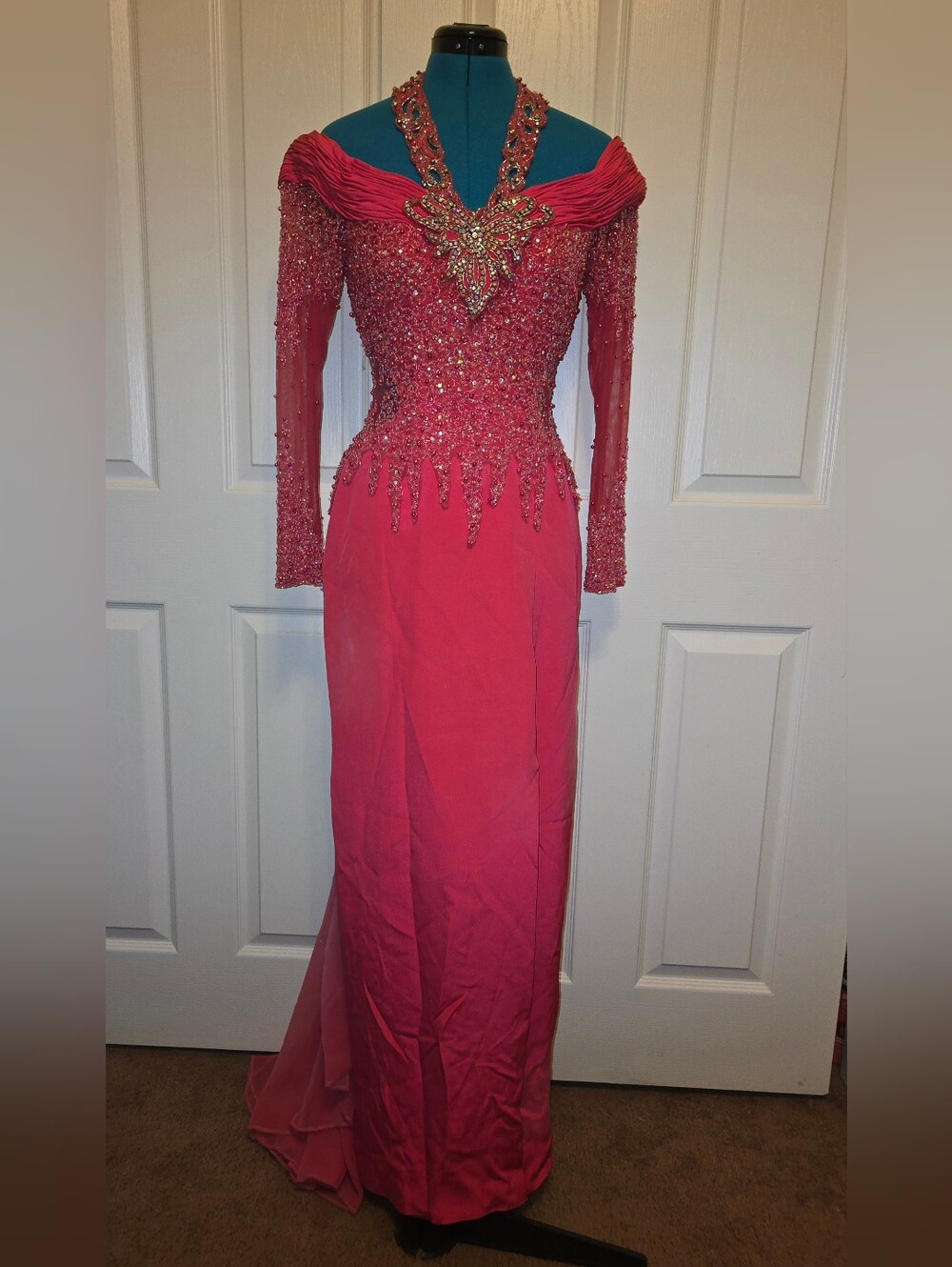 Claires Collection Elegant Beaded Off-Shoulder Pink-Salmon Evening Gown